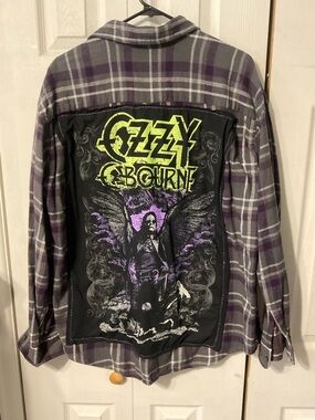Ozzy Osburne Upcycled Back Graphic T-Shirt & Flannel - Size Men's XL